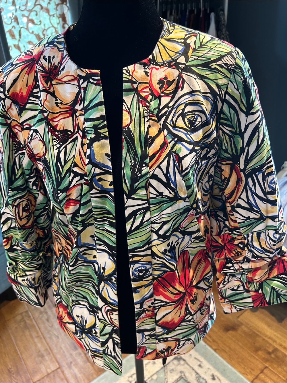 Coldwater Creek Floral Open-Front Blazer in Green, Red, Yellow